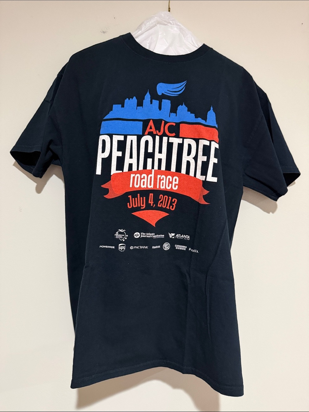 Gildan Black Tee with Red, White and Blue Peachtree Road Race Graphic
